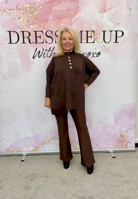 Gold Button Jumper  - Brown