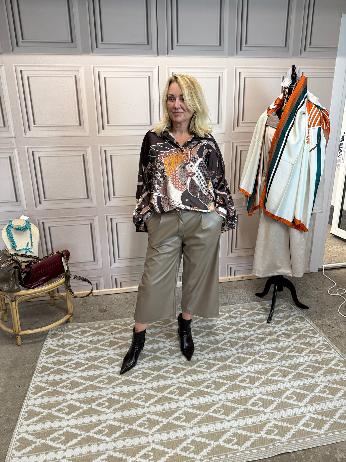 Faux Leather 3/4 Length Flared Trousers - Taupe