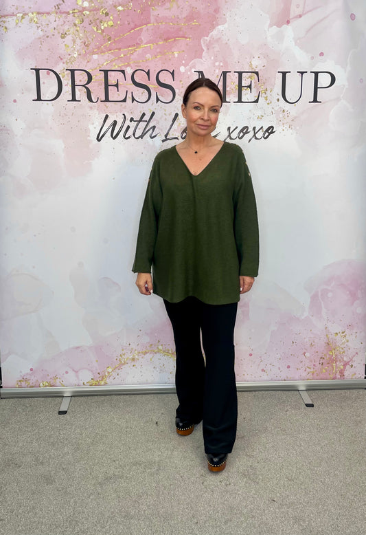 Gold Button Jumper - Khaki