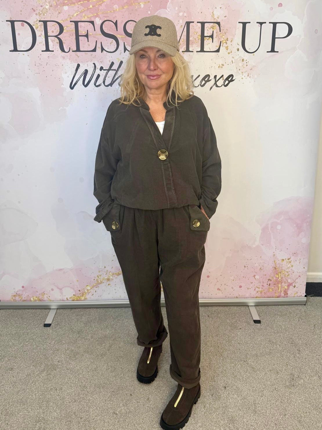 Gold Button Corduroy Set Brown