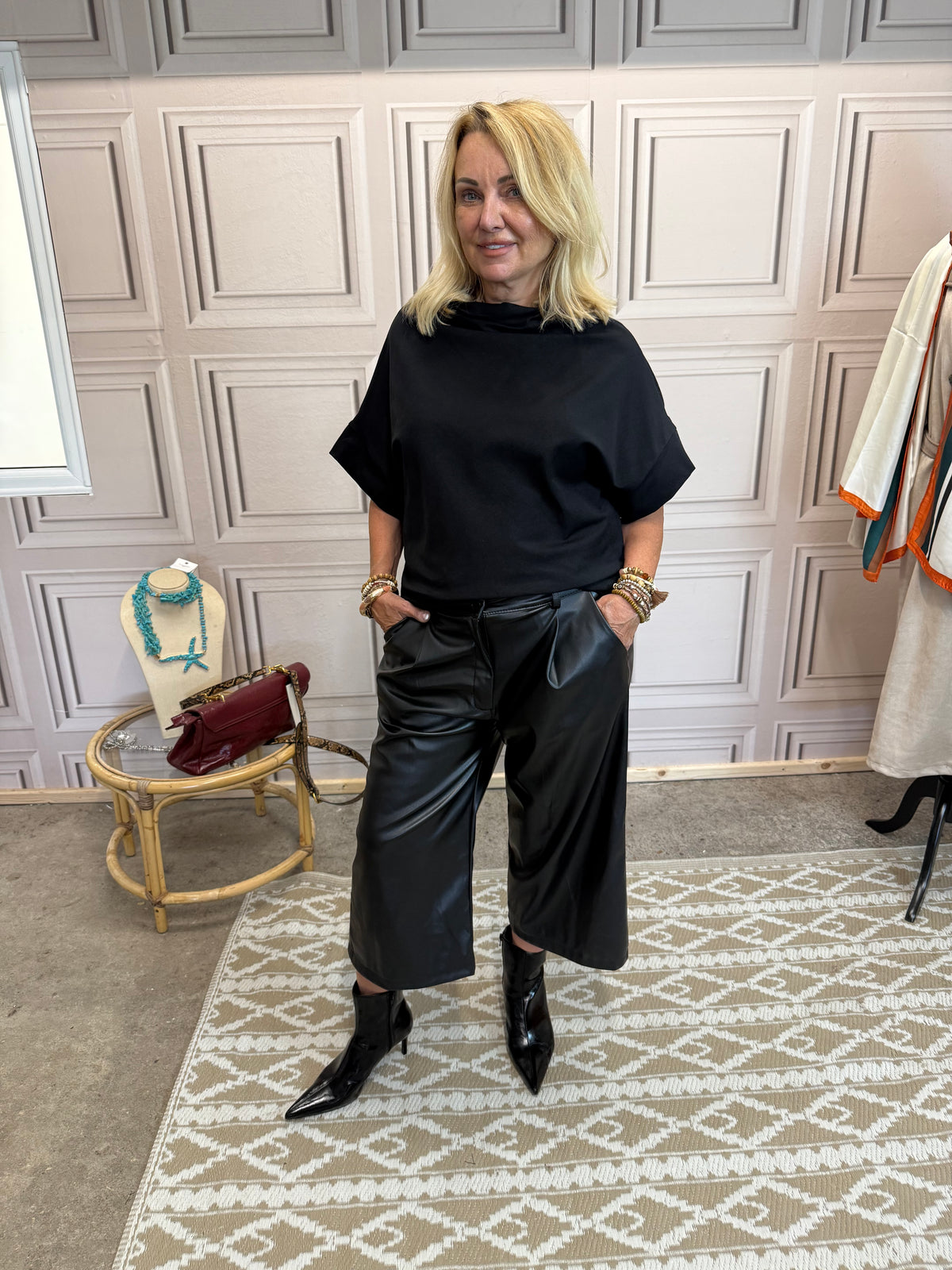 Faux Leather 3/4 Length Flared Trousers - Black