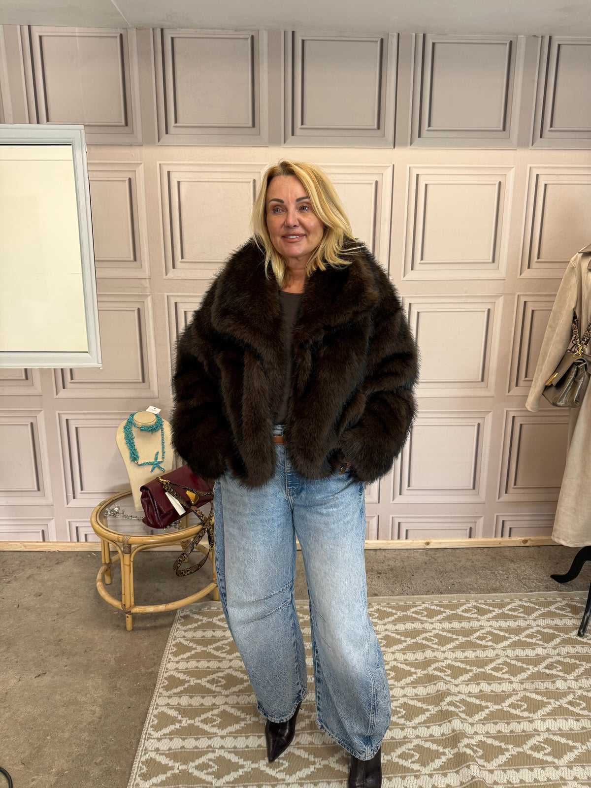 Faux Leather Reversible Jacket With Faux Fur - Chocolate Brown