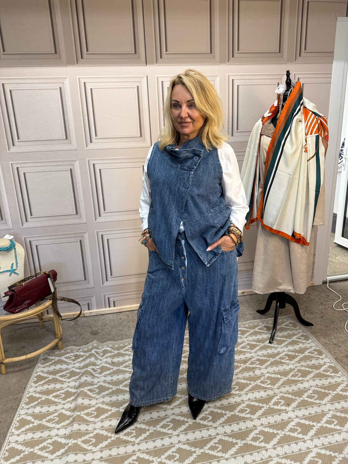 Drop Crotch Jeans And Waistcoat Set - Denim