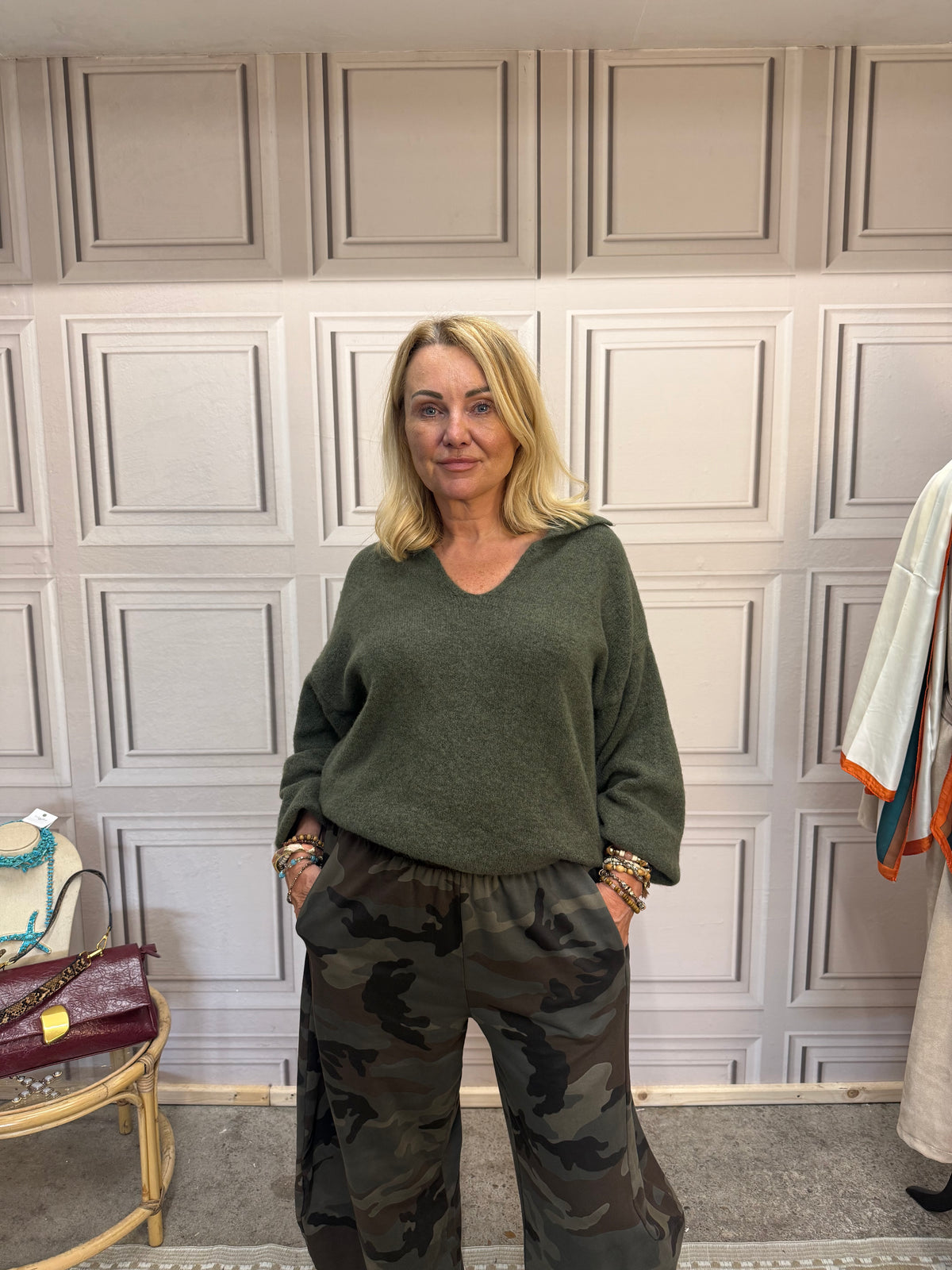 Open Collar Knitted Jumper - Khaki