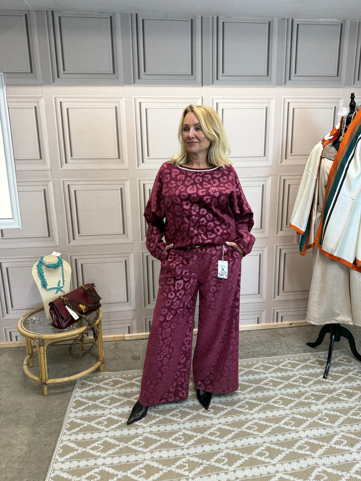 Velvet Leopard Co Ord - Burgundy