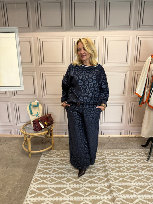 Velvet Leopard Co Ord - Navy Blue