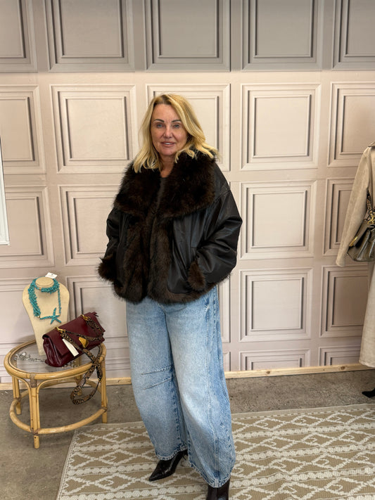 Faux Leather Reversible Jacket With Faux Fur - Chocolate Brown