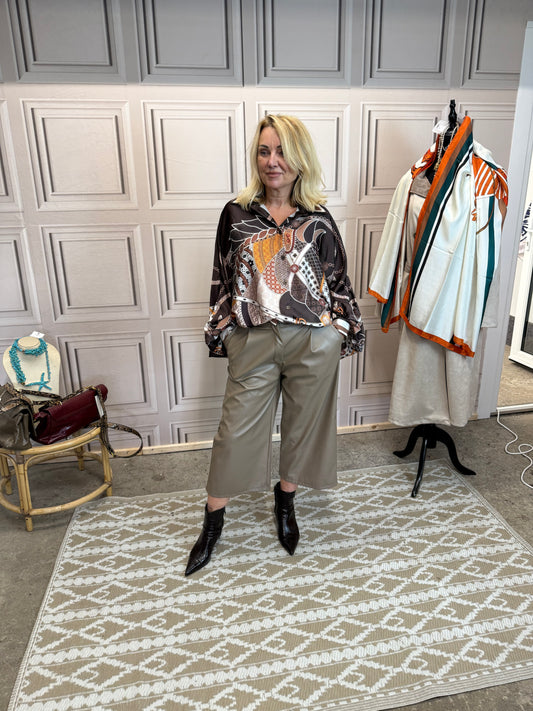 Faux Leather 3/4 Length Flared Trousers - Taupe