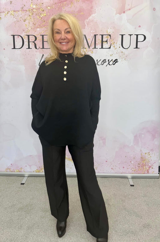 Gold Button Jumper  - Black