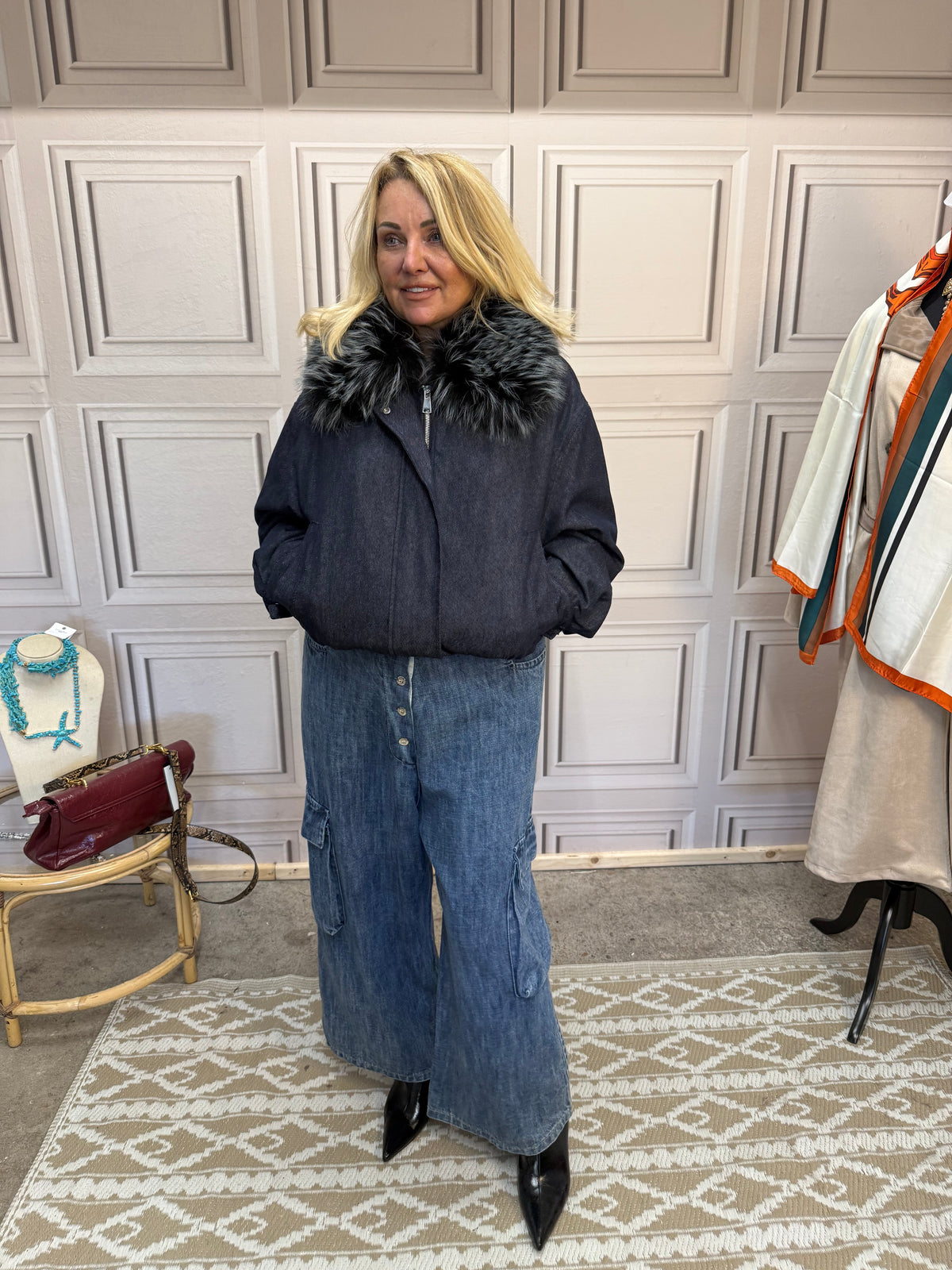 Denim Jacket With Fur - Dark Wash Denim