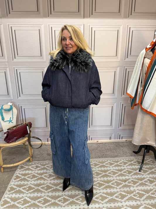 Denim Jacket With Fur - Dark Wash Denim