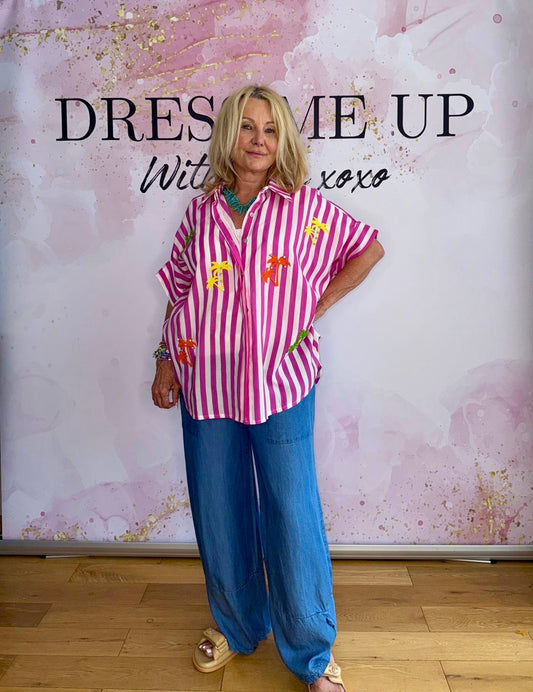 Thick Stripe Palm Diamonte Shirt Bright Pink