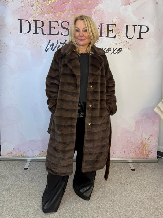 Faux Fur Chinchilla Coat - Brown