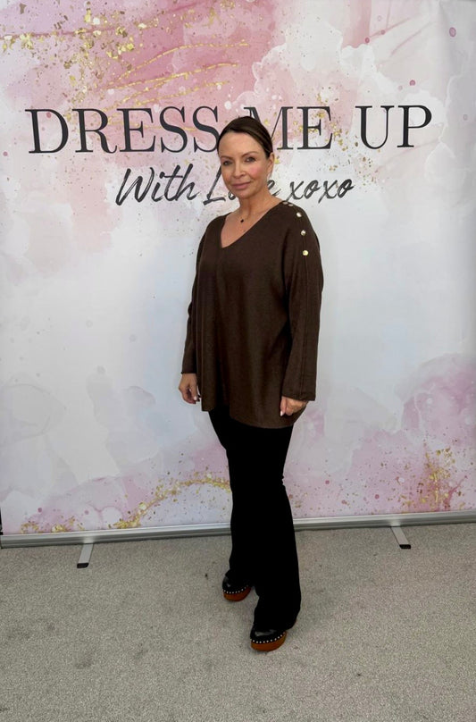 Gold Button Jumper - Brown