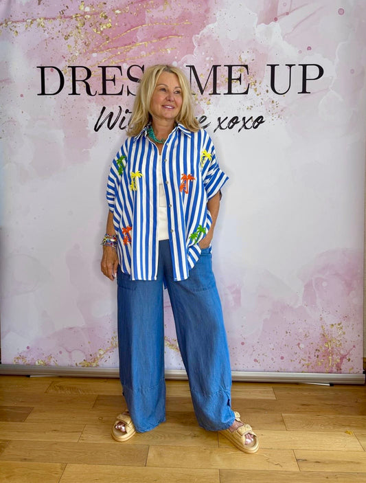 Thick Stripe Palm Diamonte Shirt Royal
